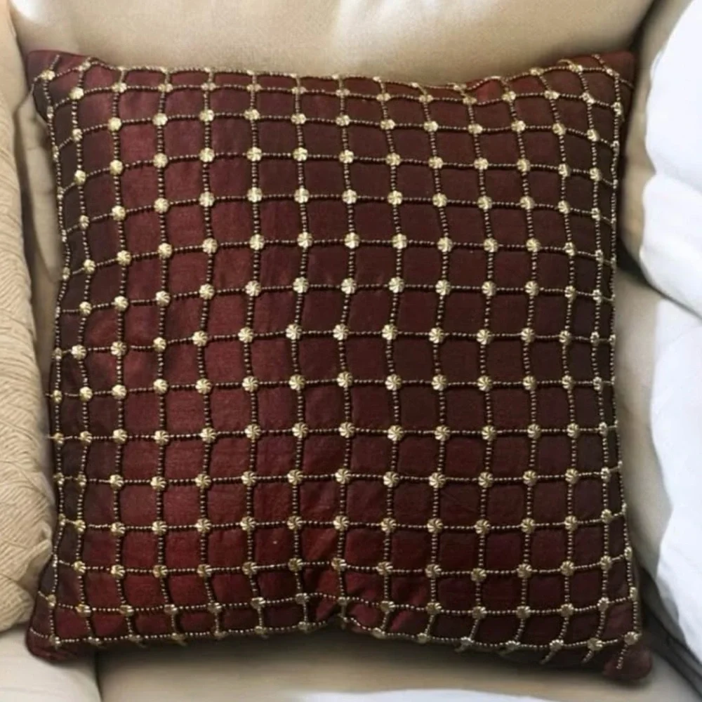 ✨ Pier 1 Imports Decorative Accent Pillow–Burgundy with Gold Beaded Grid NWT